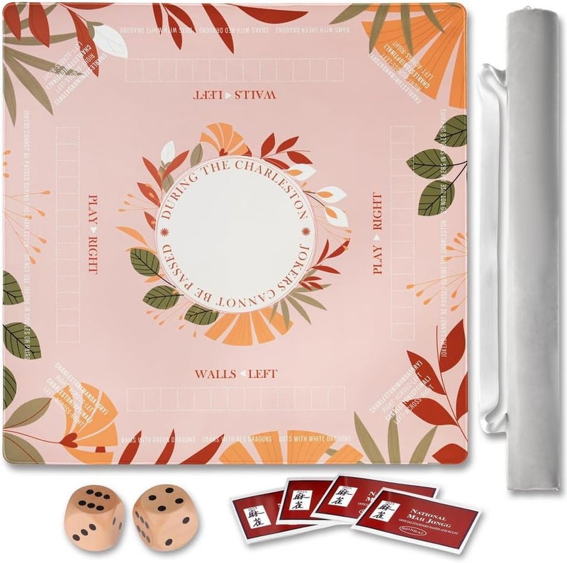 TANSOREX Mahjong Mat with Rules for Table,Travel Mahjong Set,Non-Slip and Silent,Comes with 2 Dice and 1 Coral Velvet Mahjong Mat Storage Bag,Mahjong Cards 2025(Pinky) - Image 1